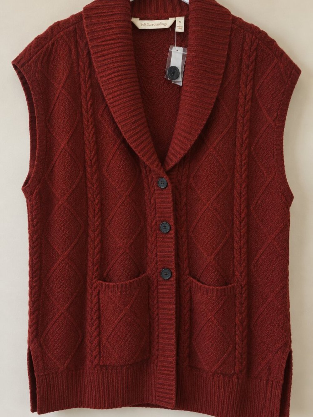 Soft Surroundings Shawl Collar Cable Knit Sweater Vest Cranberry Red M NWT